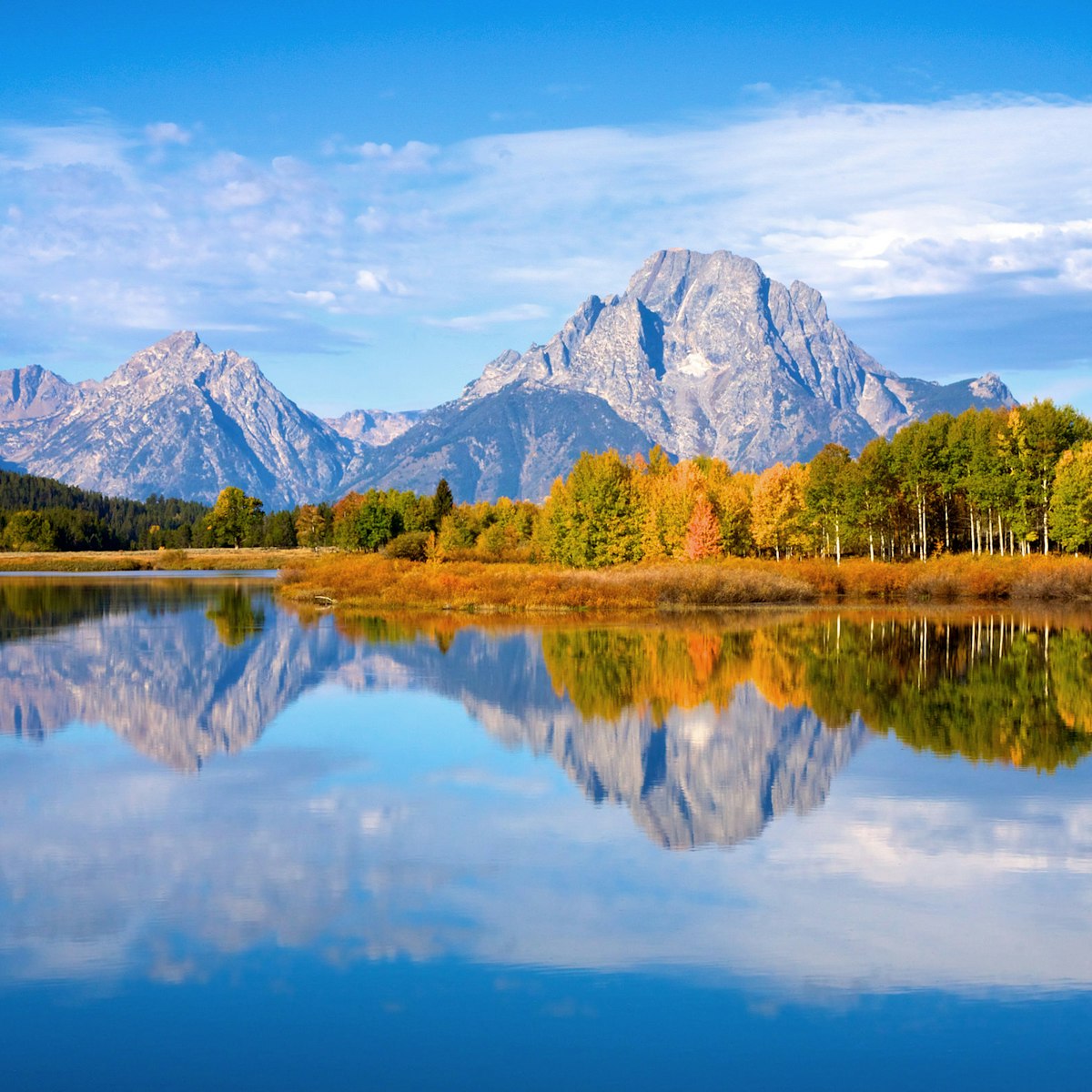 View of the Grand Teton Mountains from Oxbow Bend on the Snake River. Grand Teton National Park, Wyoming, United States.