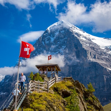 9 July, 2014: A viewpoint along the Eiger trail. The Eiger is the 3,967-meter (13,015 ft) mountain, which looms in the background.