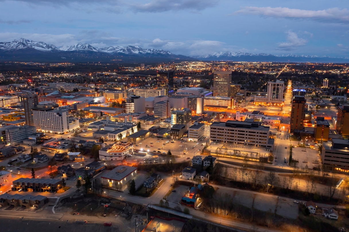 Aerial View of the Anchorage, Alaska Skyline at Dusk in Spring; Shutterstock ID 2000550476; your: Tasmin Waby; gl: 65050; netsuite: Online Editorial; full: Demand Project