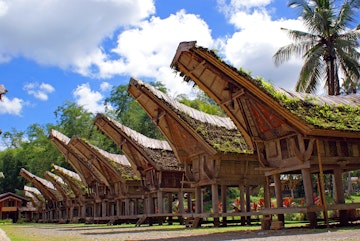 Huts built by Toraja peoples on a beach in Indonesia.