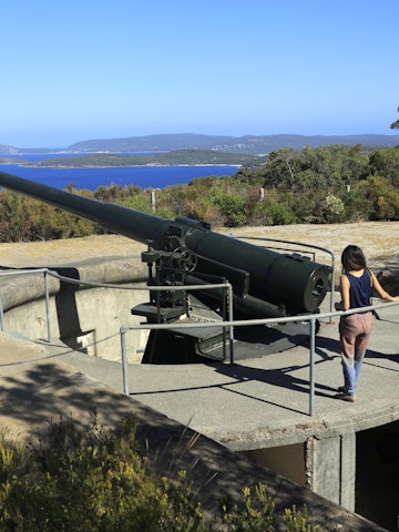 Coastal artillery gun with visitors at Princess Royal Fortress on the top of Mount Adelaide.