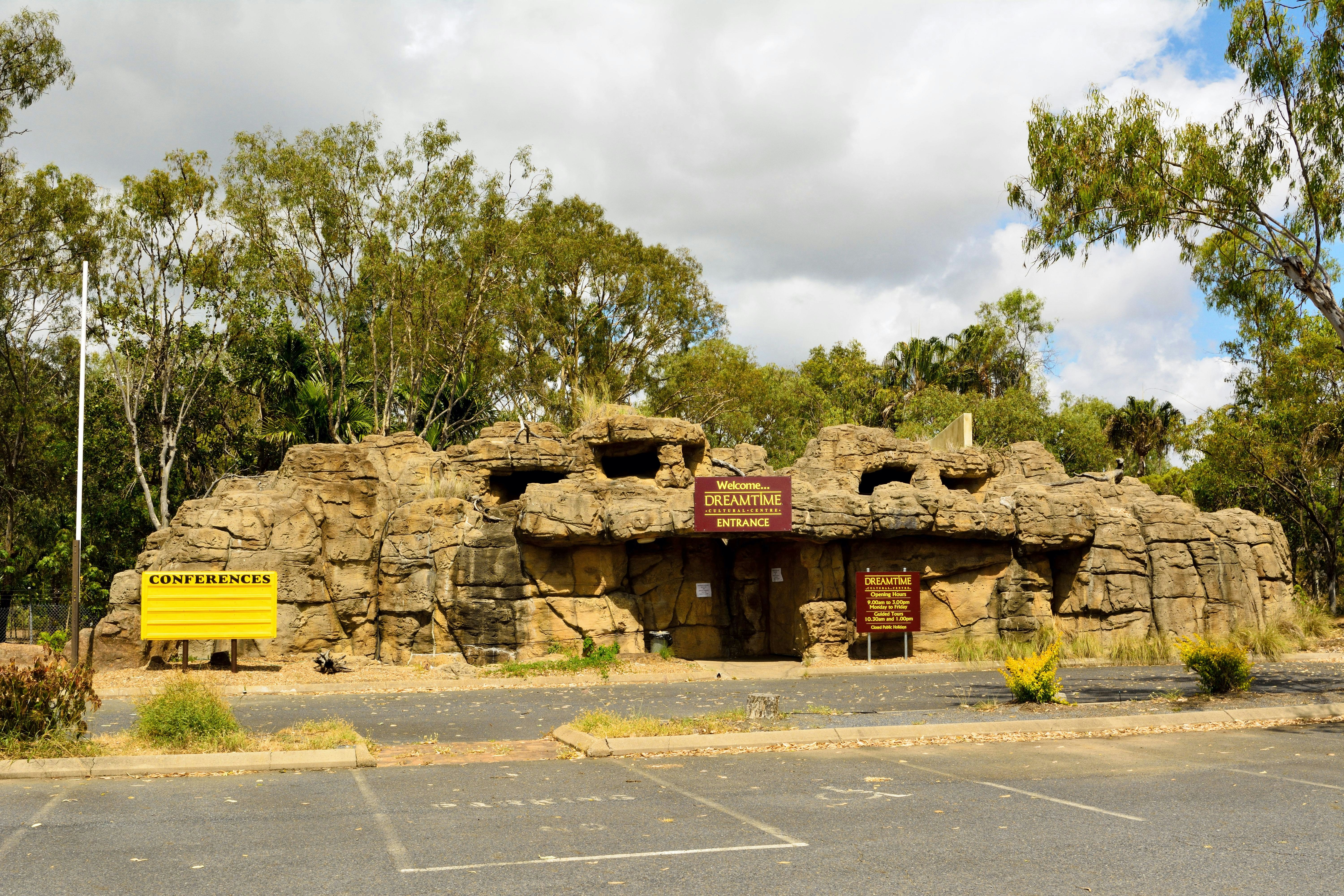 Rockhampton, Queensland, Australia - December 27, 2017. Exterior view of Dreamtime aboriginal cultural centre in Rockhampton, QLD, with vegetation.