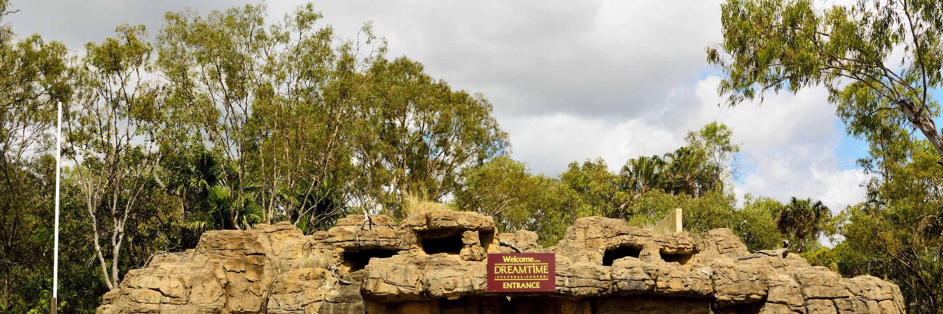 Rockhampton, Queensland, Australia - December 27, 2017. Exterior view of Dreamtime aboriginal cultural centre in Rockhampton, QLD, with vegetation.