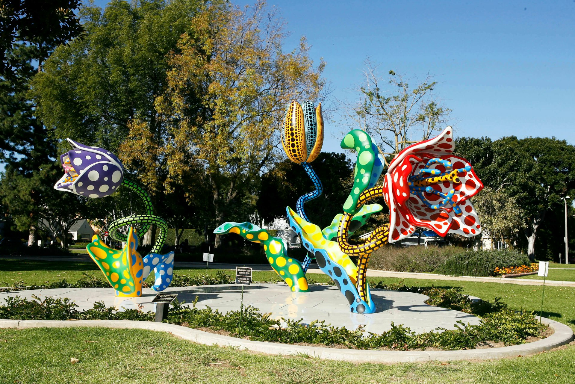 Kusama's colorful flower sculptures in a green park on a sunny day