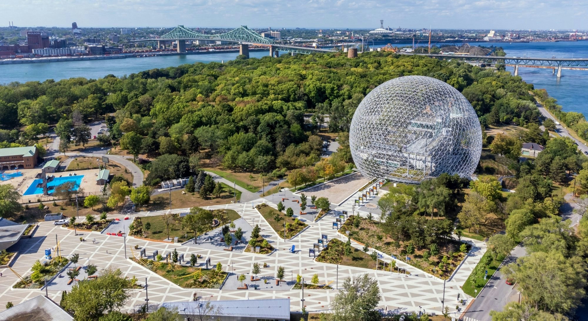 Montreal, Quebec, Canada - August 30 2021 : Aerial view of Montreal Biosphere in summer sunny day. Jean-Drapeau park, Saint Helens Island.; Shutterstock ID 2057296256; your: Bridget Brown; gl: 65050; netsuite: Online Editorial; full: POI Image Update