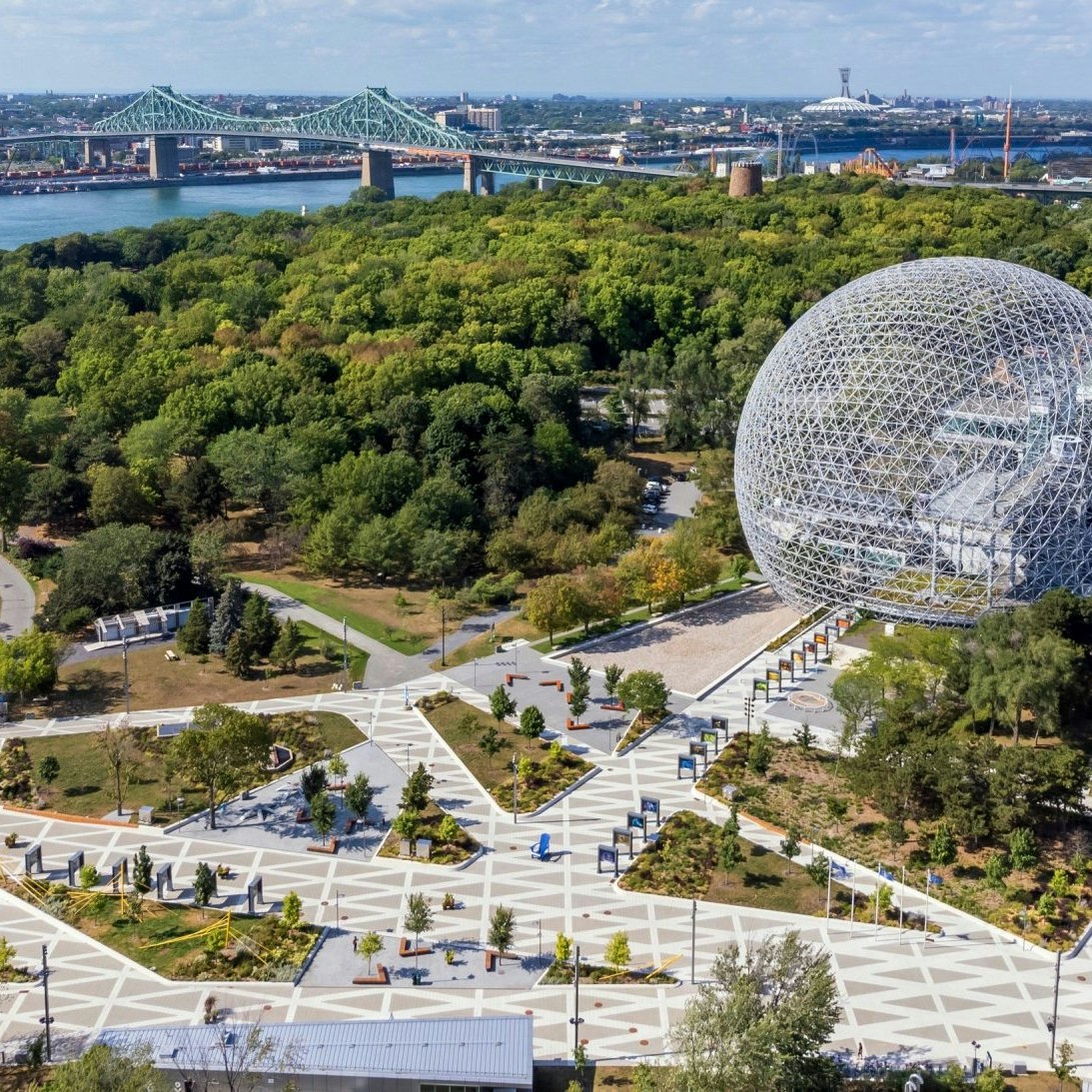 Montreal, Quebec, Canada - August 30 2021 : Aerial view of Montreal Biosphere in summer sunny day. Jean-Drapeau park, Saint Helens Island.; Shutterstock ID 2057296256; your: Bridget Brown; gl: 65050; netsuite: Online Editorial; full: POI Image Update