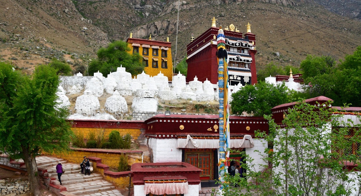 China,Tibet, Lhasa. The ancient monastery Pabongka in June, 7th century buildings