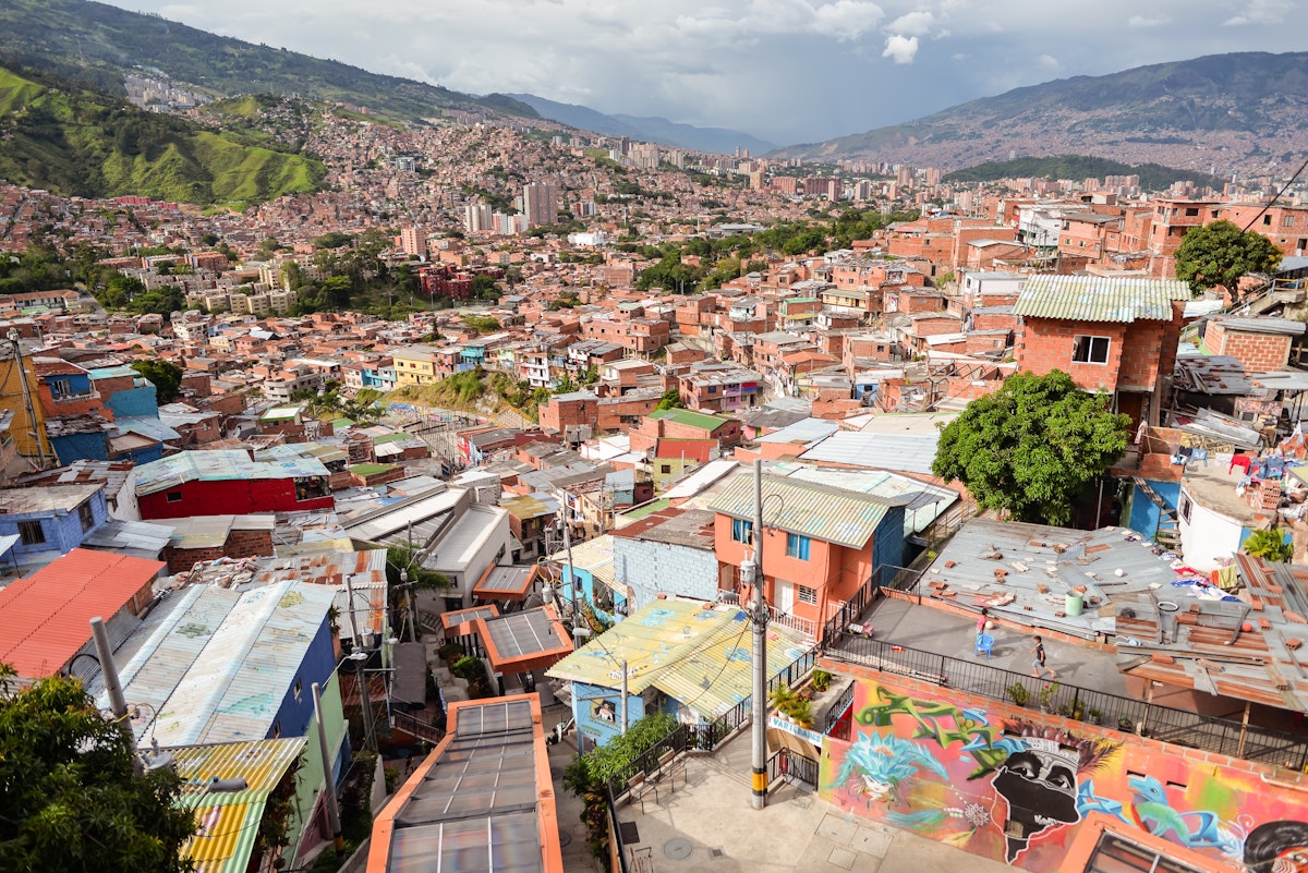 Medellin / Colombia - July 15, 2017: urban cityscape of the colorful Comuna 13