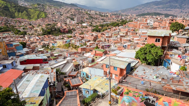 Medellin / Colombia - July 15, 2017: urban cityscape of the colorful Comuna 13