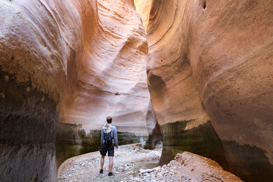 A male hiker stares up at bands of rock in a slot canyon in Wadi Ghuweir, one of the longest wadis in the Dana Biosphere Reserve, Jordan