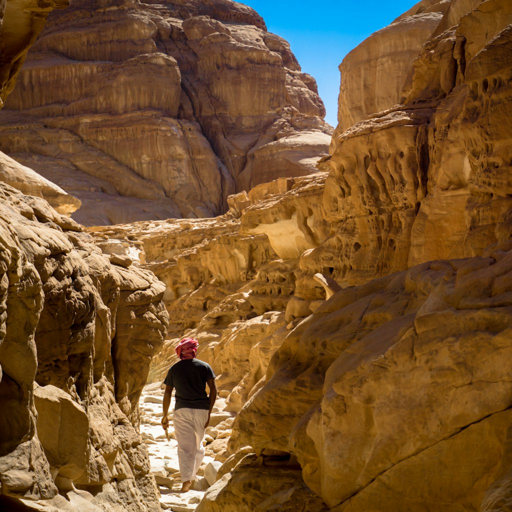 A hiker in red shemagh scarf, black t-shirt and cream trousers hikes through a yellow-rock canyon in Egypt with rocks either side of him and a sliver of clear blue sky in the background.