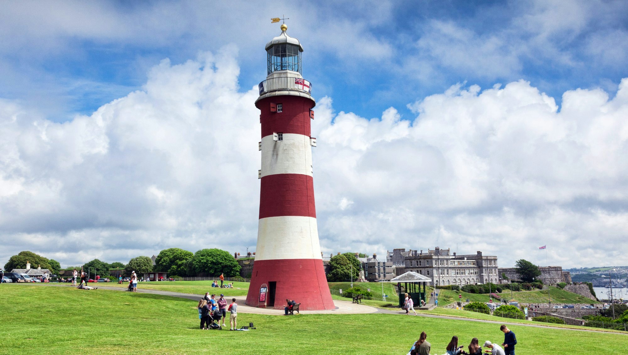 2 June 2018: Devon, UK - Smeaton's Tower is the third Eddystone Lighthouse, built by John Smeaton, which was dismantled and rebuilt on Plymouth Hoe as a memorial.; Shutterstock ID 1194001051; your: Bridget Brown; gl: 65050; netsuite: Online Editorial; full: POI Image Update