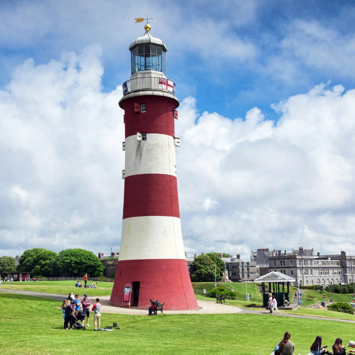 2 June 2018: Devon, UK - Smeaton's Tower is the third Eddystone Lighthouse, built by John Smeaton, which was dismantled and rebuilt on Plymouth Hoe as a memorial.; Shutterstock ID 1194001051; your: Bridget Brown; gl: 65050; netsuite: Online Editorial; full: POI Image Update