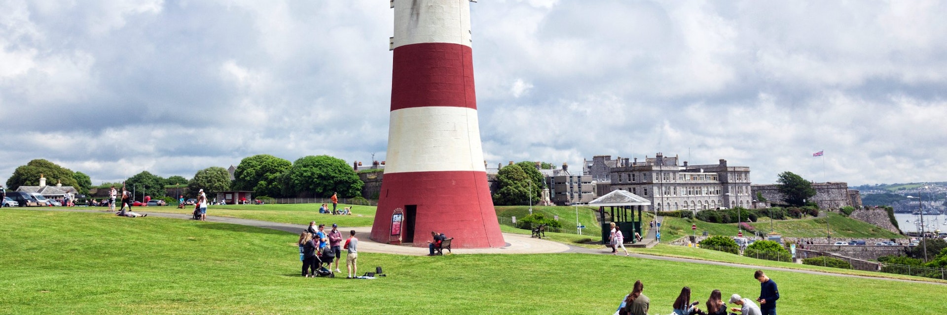2 June 2018: Devon, UK - Smeaton's Tower is the third Eddystone Lighthouse, built by John Smeaton, which was dismantled and rebuilt on Plymouth Hoe as a memorial.; Shutterstock ID 1194001051; your: Bridget Brown; gl: 65050; netsuite: Online Editorial; full: POI Image Update