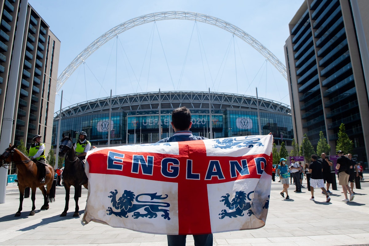 London, UK. 13th June 2021. England fans exicted prior to the UEFA Euro 2020 Championship Group D match between England and Croatia at Wembley Stadium. ; Shutterstock ID 1990309949; your: Bridget Brown; gl: 65050; netsuite: Online Editorial; full: POI Image Update