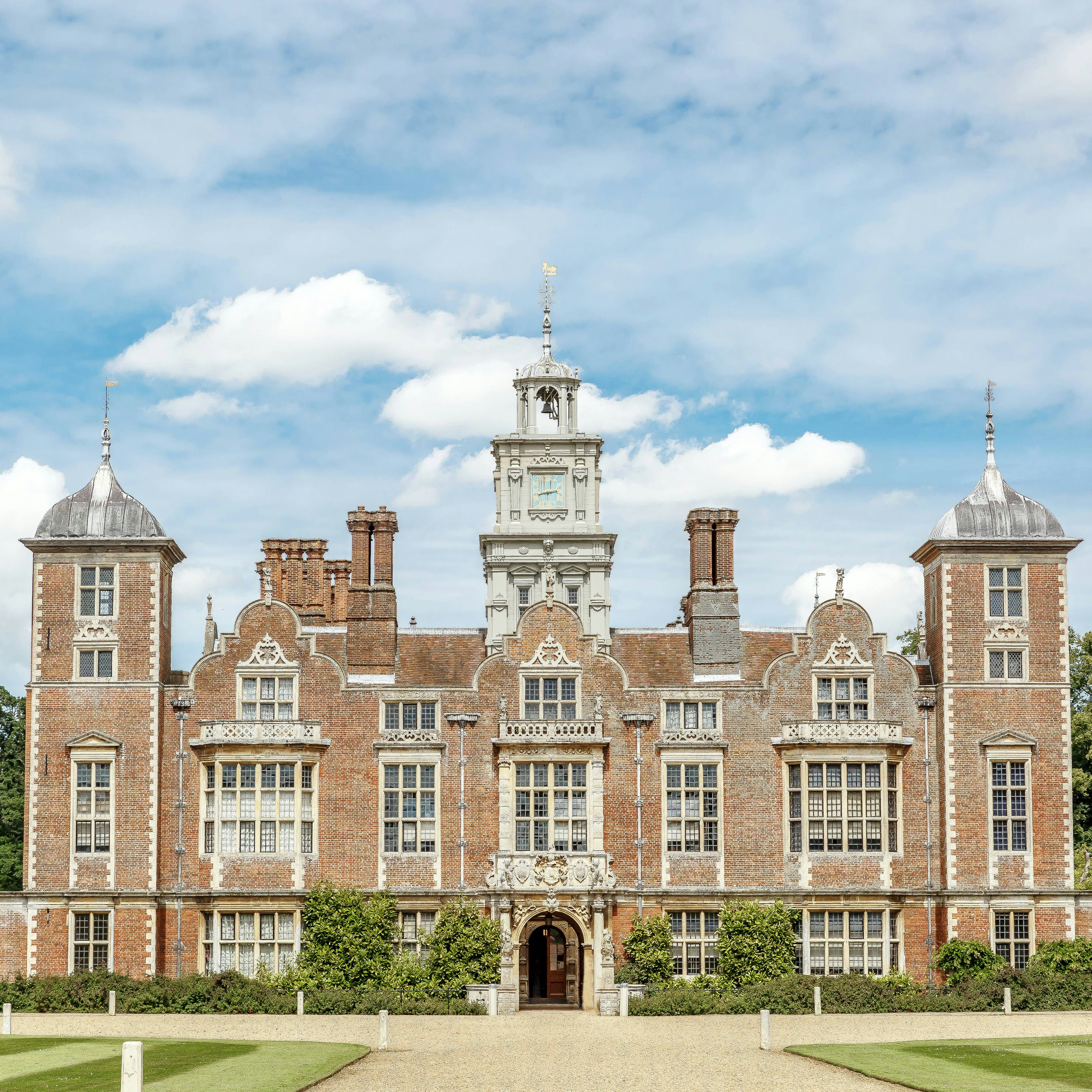 Frontal view of the manor house of Blickling Hall in the village of Blickling north of Aylsham in Norfolk County, England, UK