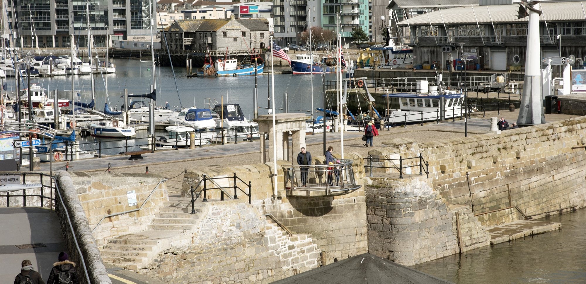 The Mayflower Steps at The Barbican in Plymouth south Devon England UK February 2017
