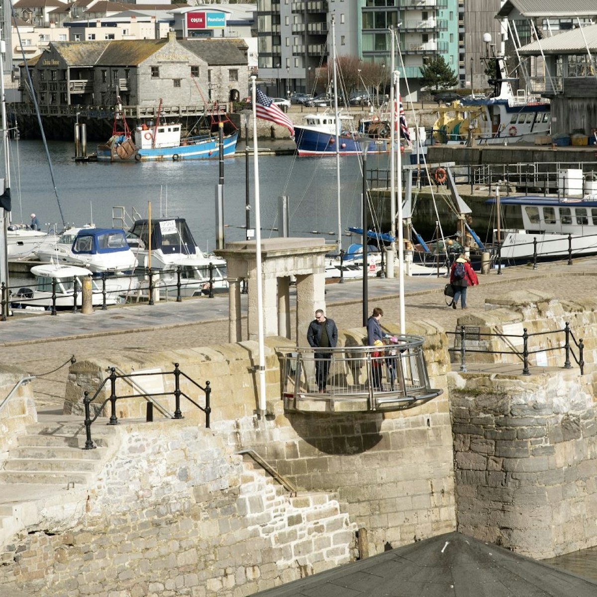 The Mayflower Steps at The Barbican in Plymouth south Devon England UK February 2017