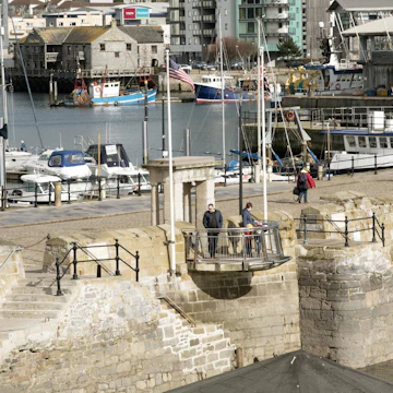 The Mayflower Steps at The Barbican in Plymouth south Devon England UK February 2017