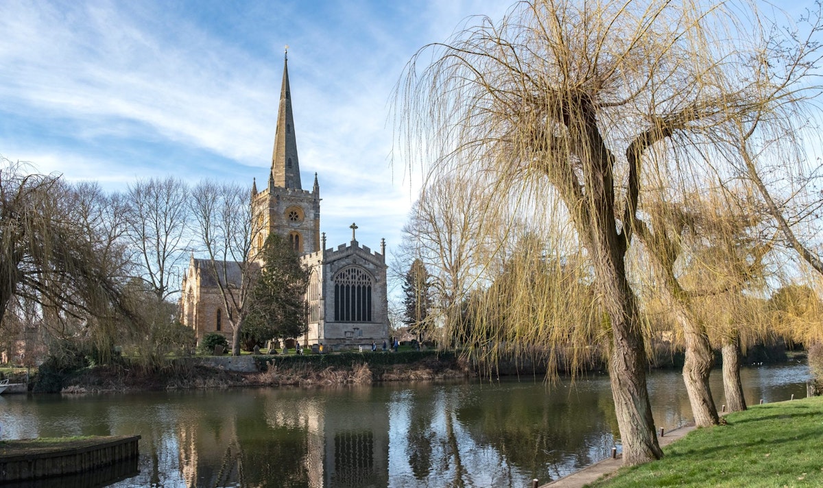 Holy Trinity Church on the banks of the river Avon in Stratford upon Avon, UK.  The grave of playright William Shakespeare is in the church.