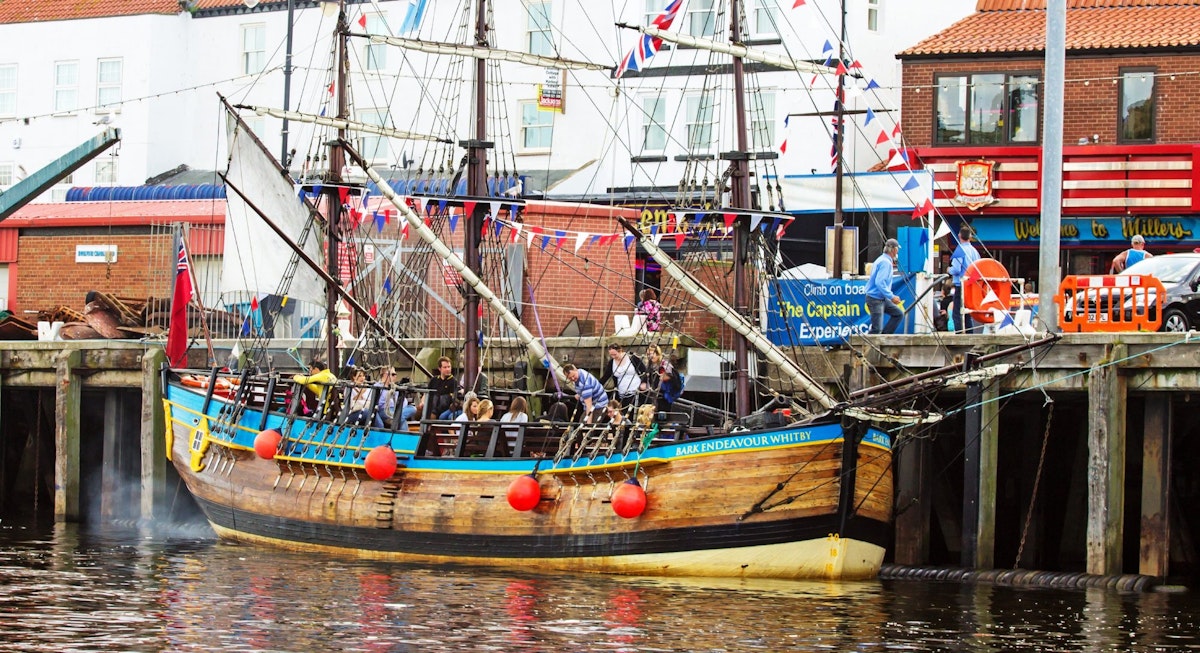 Whitby, Yorkshire, England. 7 July 2014 A replica of Captain Cook's ship The Endeavour used as a tourist attraction in Whitby