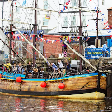 Whitby, Yorkshire, England. 7 July 2014 A replica of Captain Cook's ship The Endeavour used as a tourist attraction in Whitby