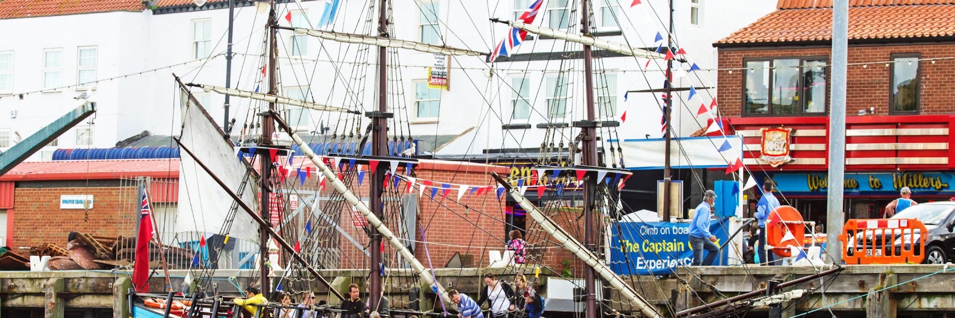 Whitby, Yorkshire, England. 7 July 2014 A replica of Captain Cook's ship The Endeavour used as a tourist attraction in Whitby