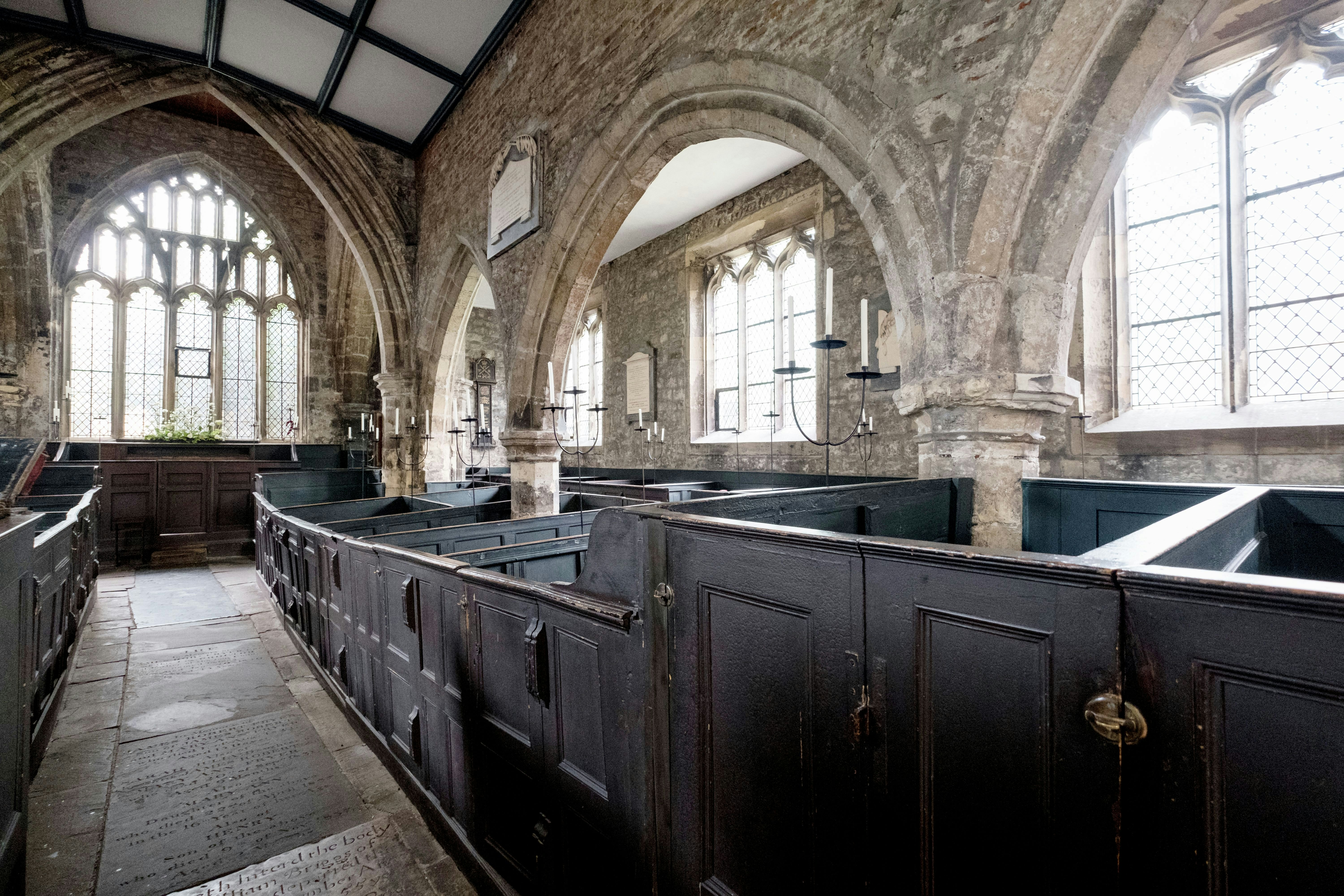 York England UK. May 2018. Interior of Holy Trinity Church, Goodramgate. Photo shows the original, very rare, wooden box pews where families prayed together. A hidden treasure 
Church of the Holy Trinity

.; Shutterstock ID 1121785949; your: Bridget Brown; gl: 65050; netsuite: Online Editorial; full: POI Image Update