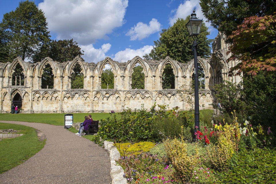 YORK, UK - AUGUST 27TH 2015: A view of St. Marys Abbey Ruins situated in Museum Gardens in York, on 27th August 2015.