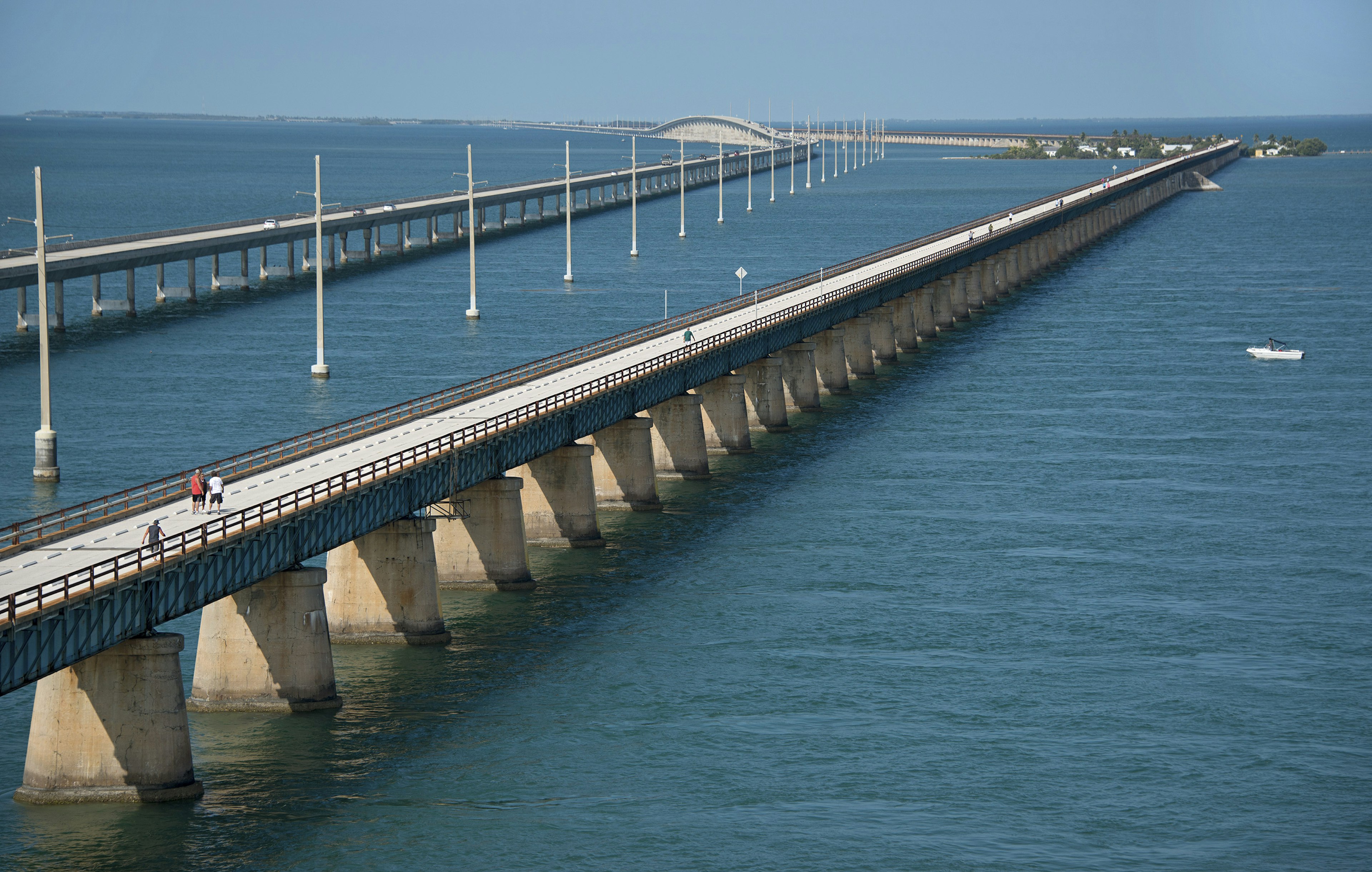 Pedestrians walk on the historic Seven Mile Bridge in the Florida Keys in 2014