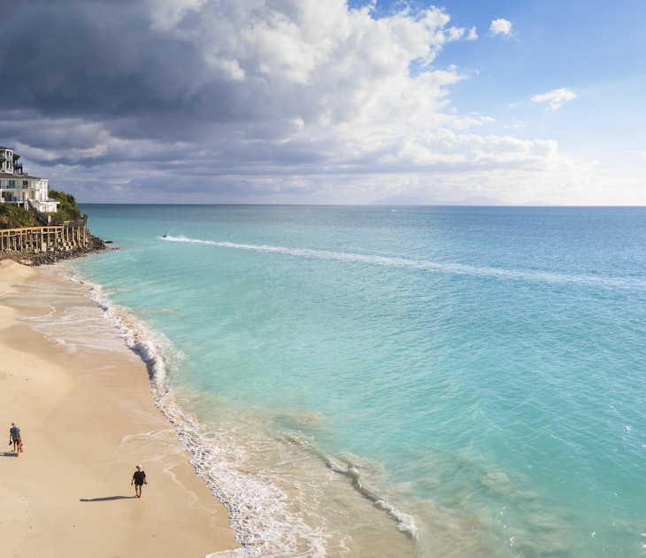 Panoramic elevated view of Ffryes Beach, Antigua, Antigua and Barbuda, Caribbean, Leeward Islands, West Indies