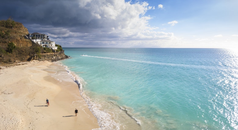 Panoramic elevated view of Ffryes Beach, Antigua, Antigua and Barbuda, Caribbean, Leeward Islands, West Indies