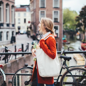 Dutch woman with tulips