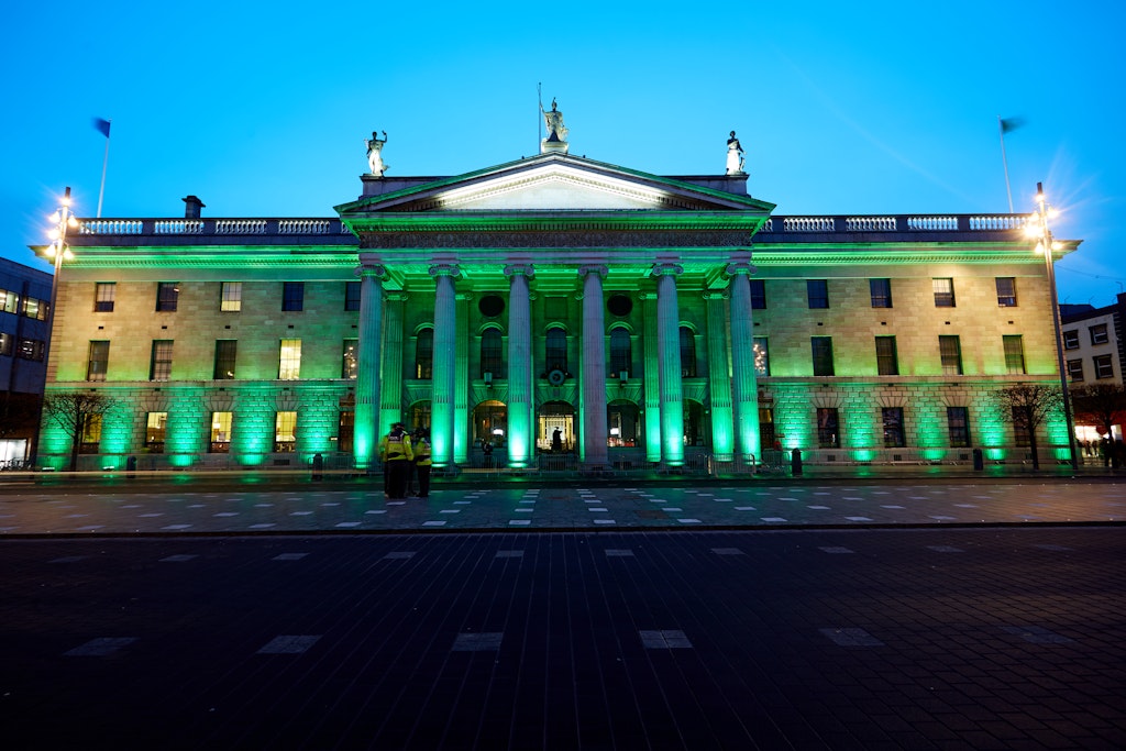 The General Post Office lit green for the St Patrick's Festival on O'Connell Street, Dublin City, Ireland