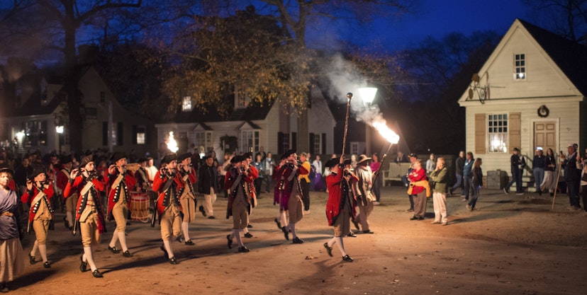 WILLIAMSBURG VA - DECEMBER 6:  Scenes from the night torch light parade with the fife and drum corps as part of the Holiday decorations and celebration in Colonial Williamsburg VA on December 6, 2017 . (Photo by John McDonnell/The Washington Post via Getty Images)