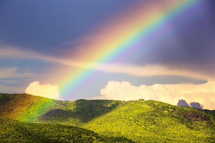 A rainbow in rainy season over the Shire Valley in southern Malawi