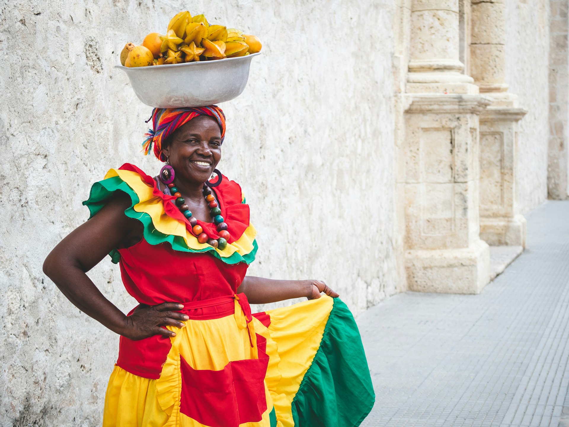 Traditional fresh fruit street vendor in Cartagena de Indias, Colombia