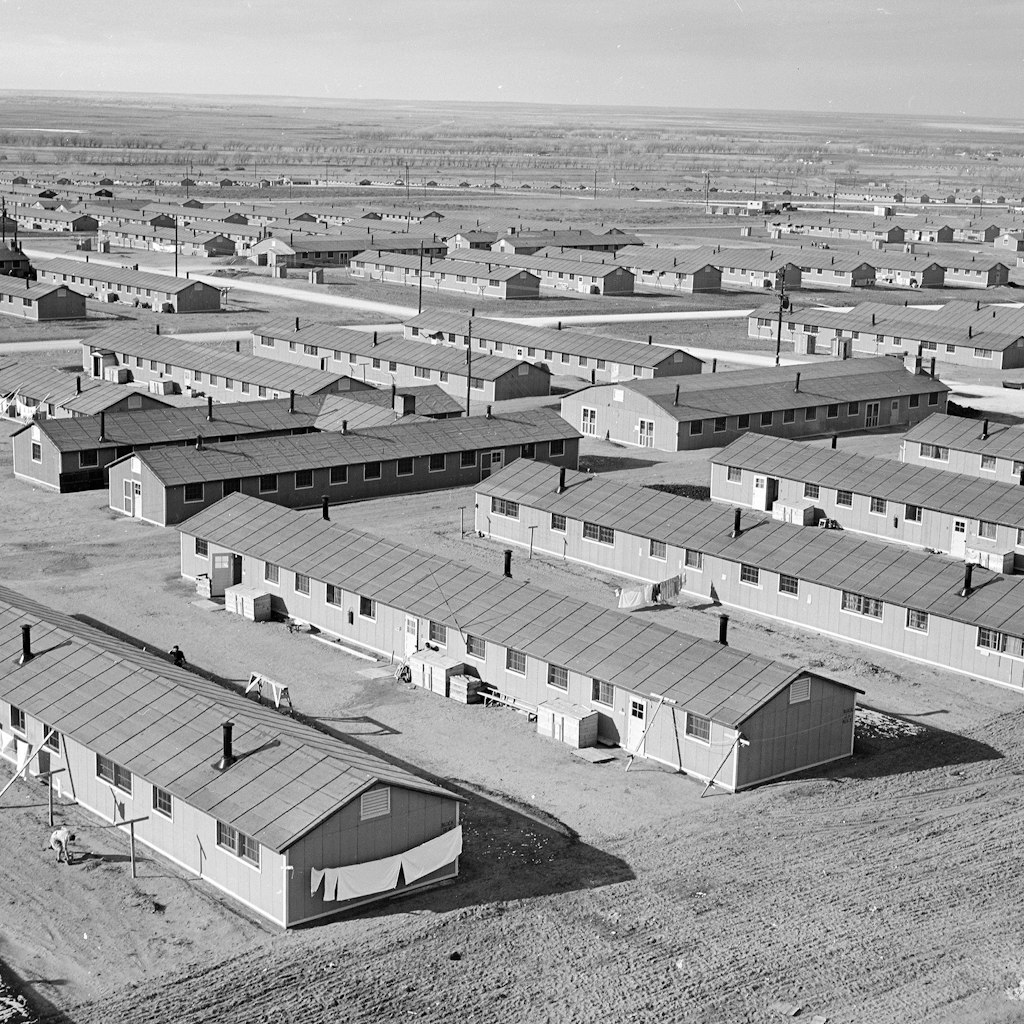 Granada Relocation Center, Amache, Colorado. A view of the Granada Center looking northwest from the water tower 11/30/1943. (Photo by: HUM Images/Universal Images Group via Getty Images)