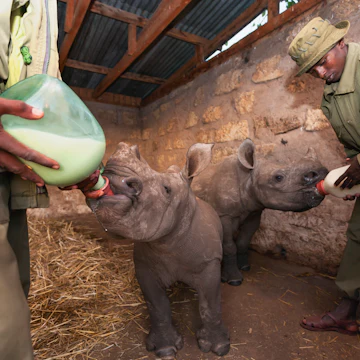 White orphaned baby Rhinoceros being fed at Lewa Wildlife Conservancy.