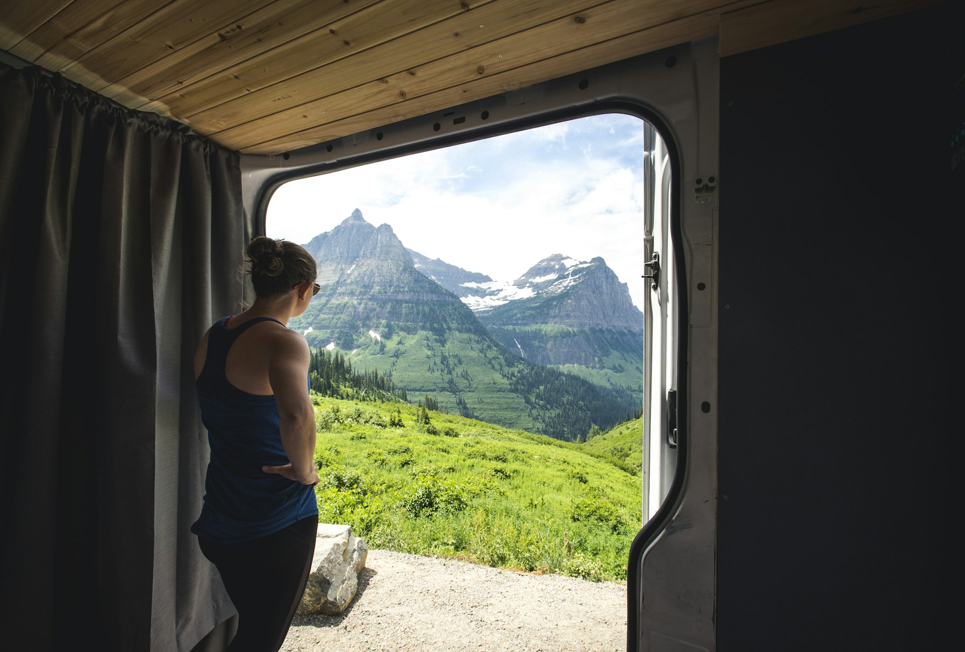 Looking out of van in Glacier National Park, Montana, USA