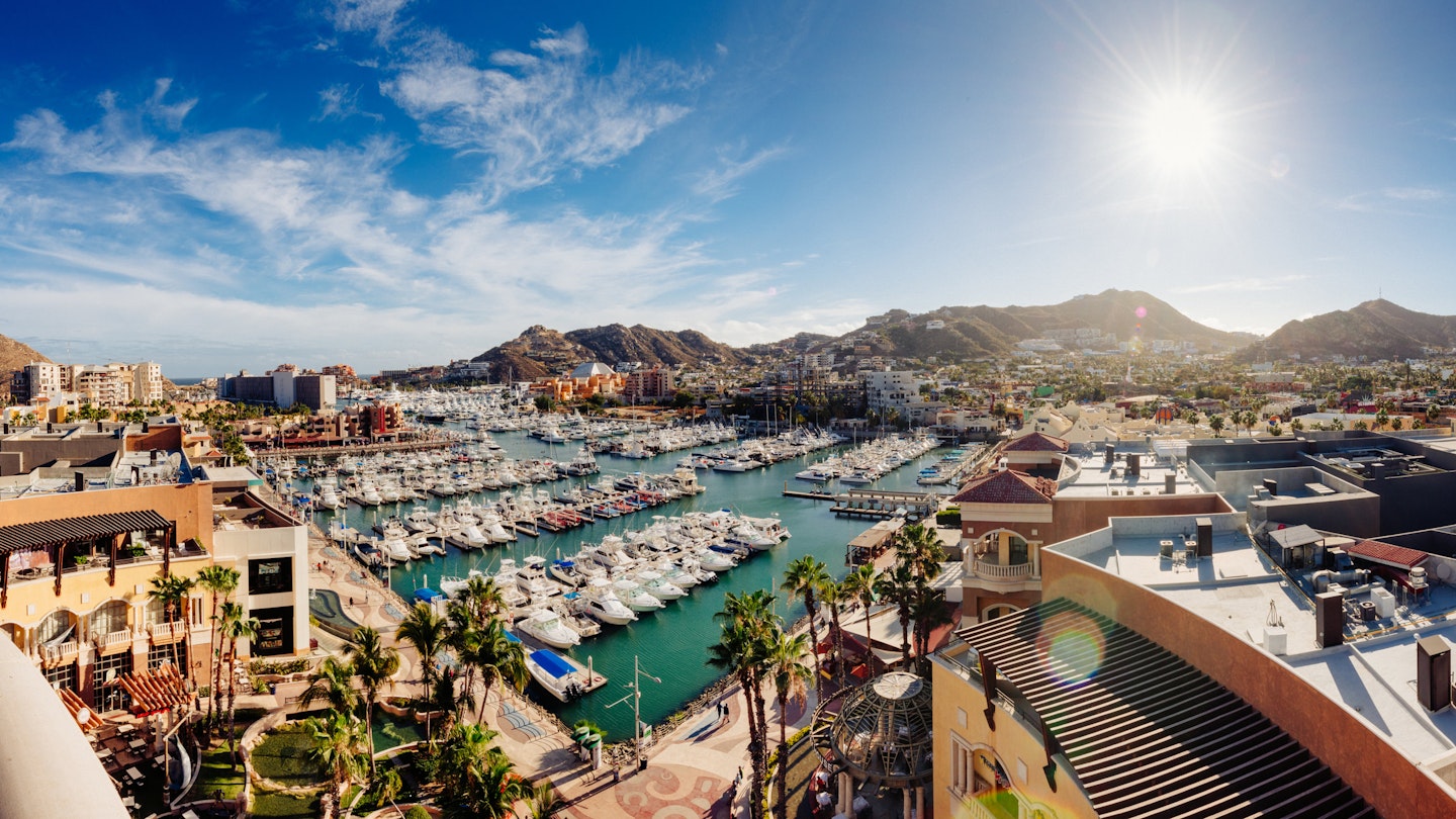 High-angle view of Cabo San Lucas harbour in Mexico.