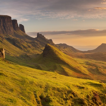 Beautiful light at Quiraing, Isle of Skye, Scotland. A seamlessly stitched panoramic image.