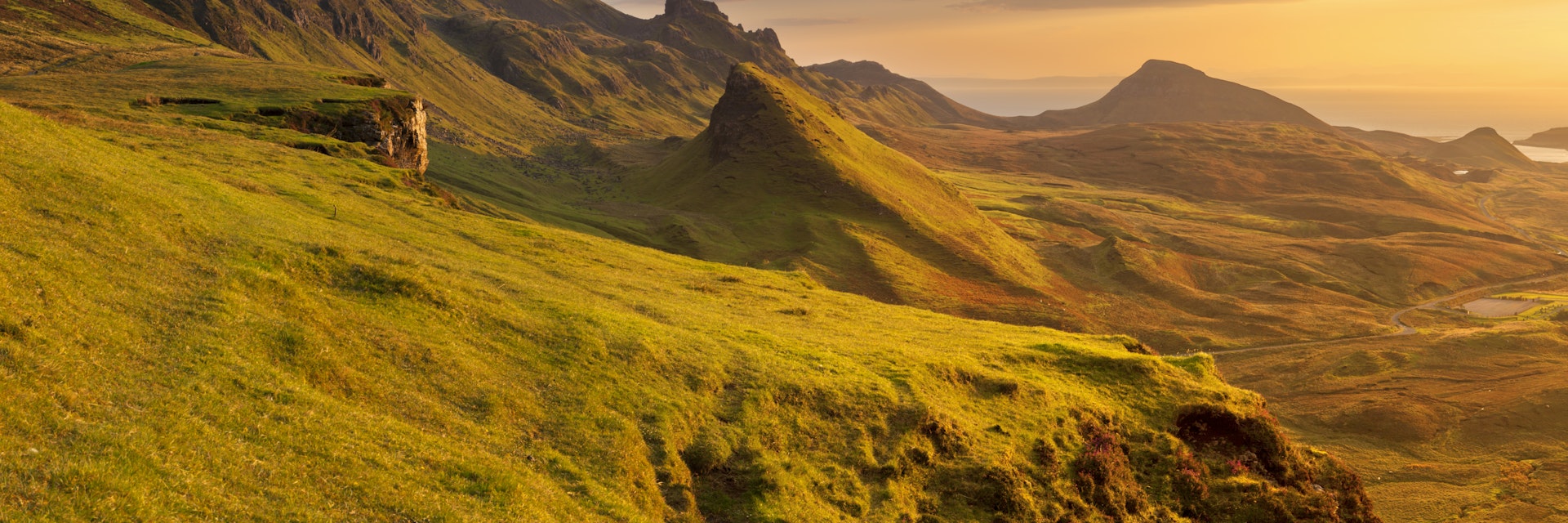 Beautiful light at Quiraing, Isle of Skye, Scotland. A seamlessly stitched panoramic image.