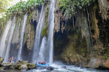 Rafting under waterfall, Pekalen River, East Java.