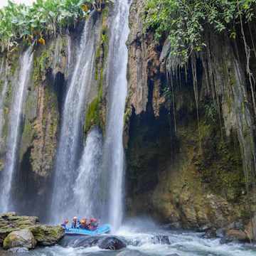 Rafting under waterfall, Pekalen River, East Java.