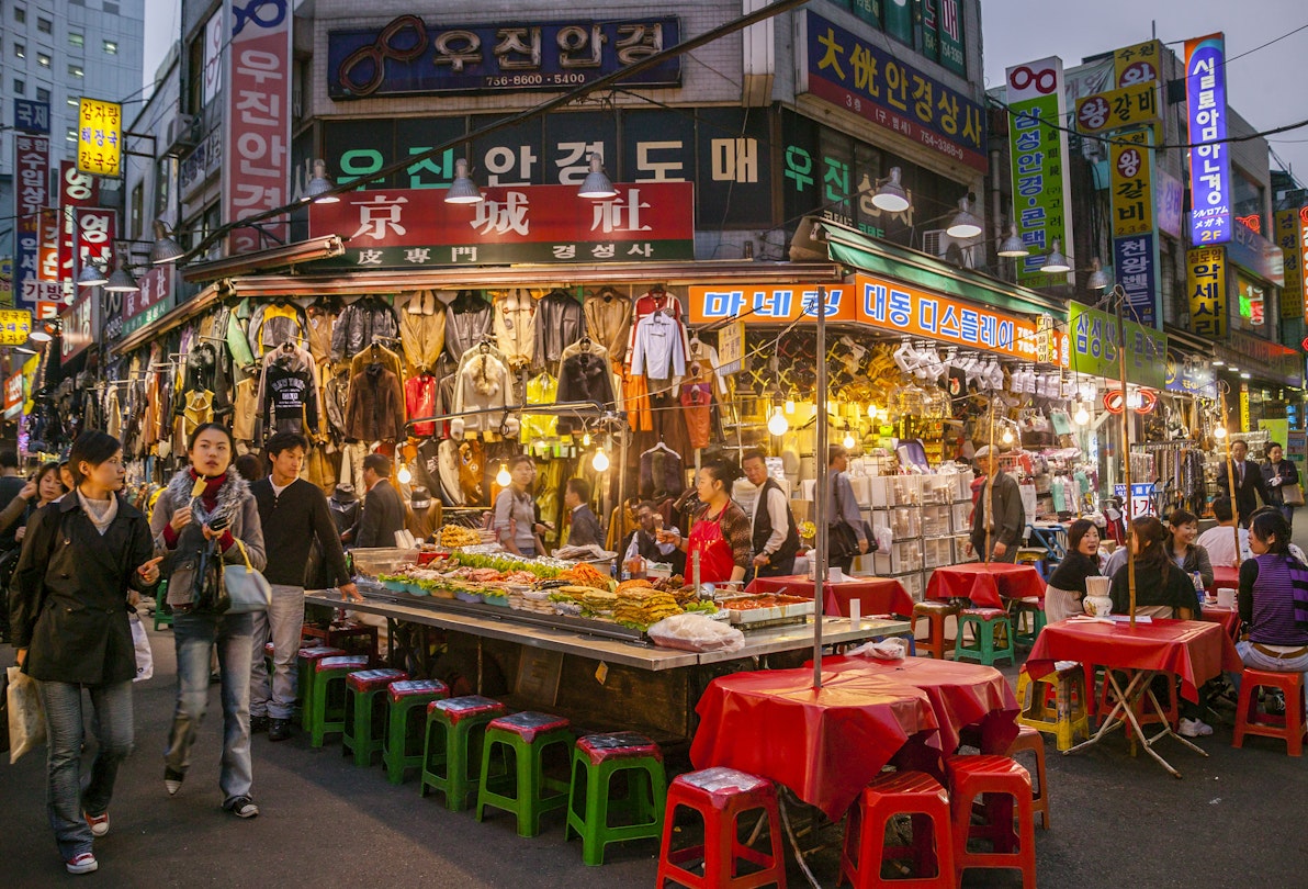 Open air restaurant at Namdaemun Market in Seoul.