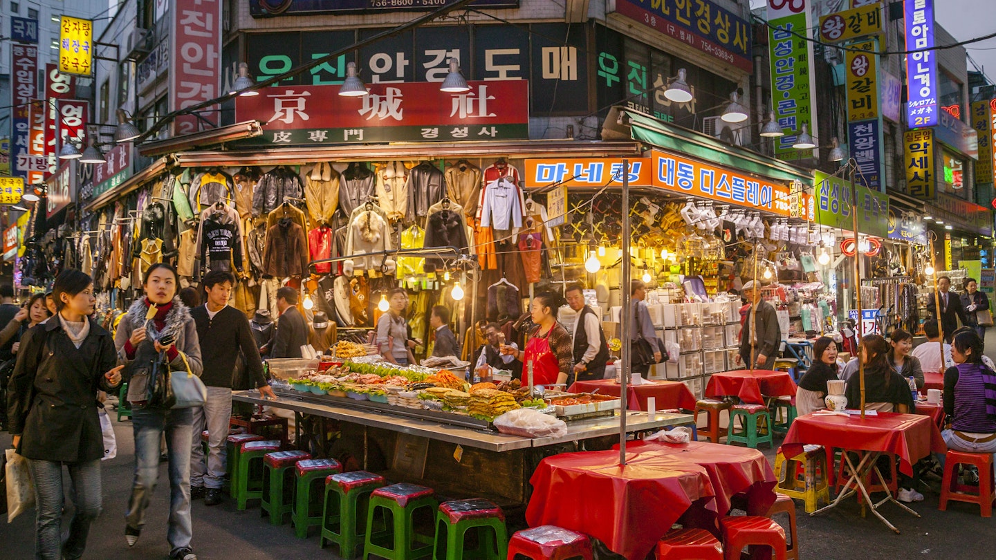 Open air restaurant at Namdaemun Market in Seoul.