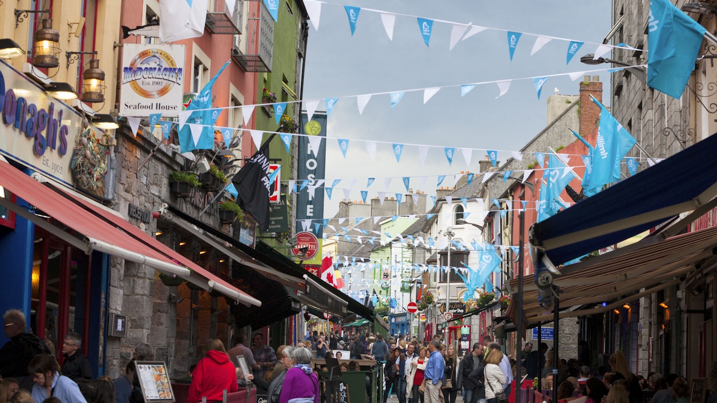 May 28, 2016: People walking along Shop Street in Galway during the day.