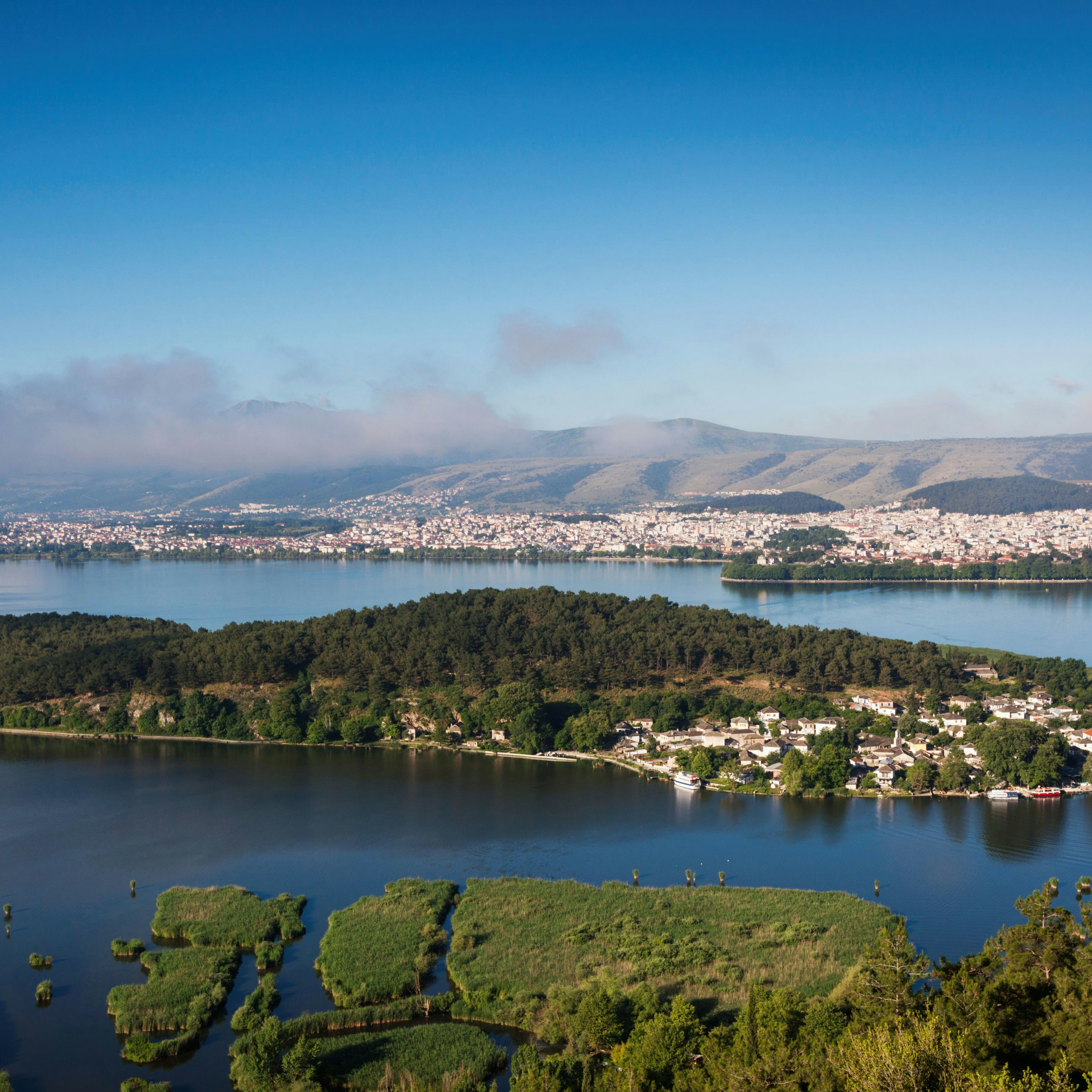 Greece, Epirus Region, Ioannina, elevated city view, Lake Pamvotis and Nisi Island.