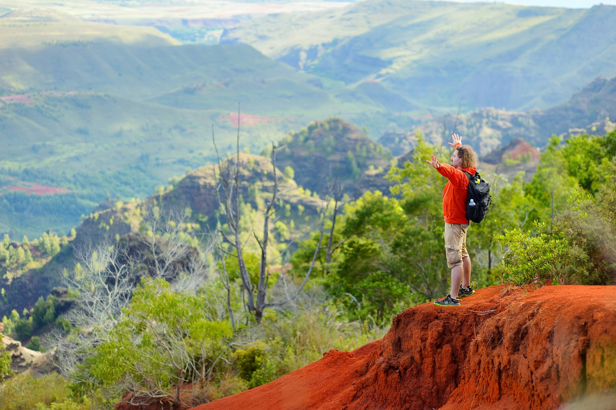 A whute young man with long hair looks out across the rust-red rocks of the Waimea Canyon in Hawaii